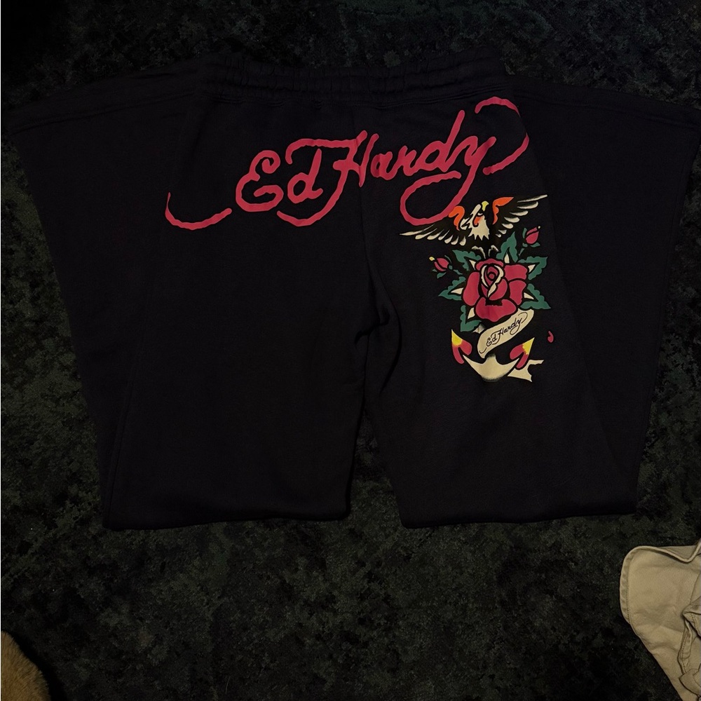 Ed Hardy Navy Blue Sweatpants with Rose and Eagle Motif on Butt